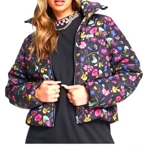 Vans Foundry V Cropped Puffer Jacket Black Multicolor Pressed Floral NWT-Small
